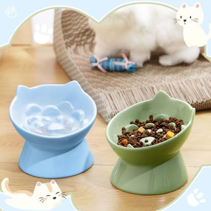 Funnymoom 2 Pcs Ceramic Raised Slow Feeder Cat Bowl, 5.91inch Elevated Cat Slow Feeder Bowl Tilted Anti Vomiting for Dry Wet Food and Water Easy to Clean High Edge(Green, Blue) - Image 6