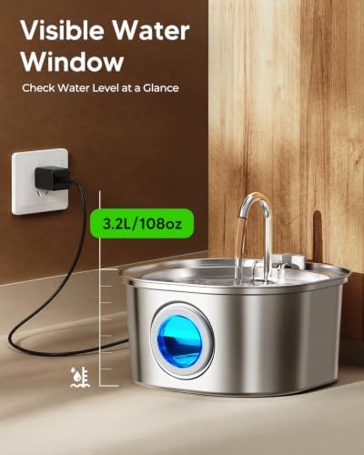 PEKTACO Stainless Steel Cat Water Fountain, 3.2L/108oz with 6 Filters - Image 3