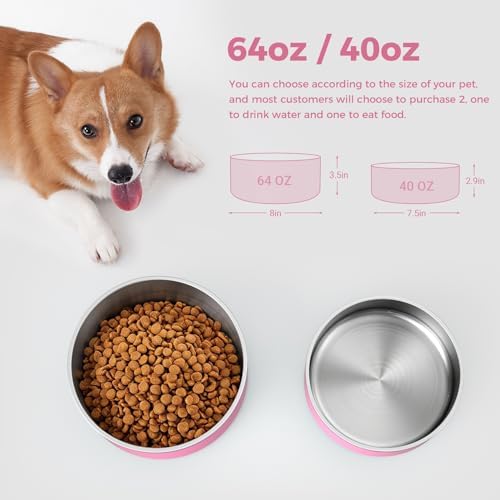 WENBOKMIN Dog Bowl, Stainless Steel Food and Water Bowl, 64oz, Pink | Non Slip Quiet Bottom, Easy to Clean, Dishwasher Safe - Image 2