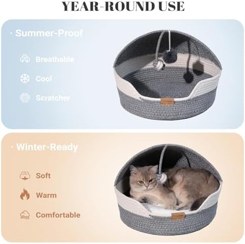 CHEERPALS Cat Basket Bed with Washable Cushion and Ball Rope Cotton, Covered Pet Bed for Indoor Cats Cave Bed Hooded, Stimulicat Cat Bed Handwoven Breathable, All Season Universal(Blue) - Image 3