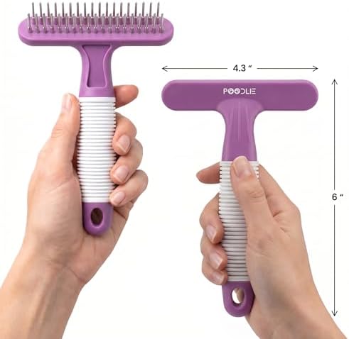 POODLIE Poodle Pet Dog Grooming Rake| Dematting Tool with Stainless Steel Shedding Comb for Pets | 2 Rows of Pins Gently Remove Loose or Tangled Hair from Undercoat | Purple Handle - Image 6
