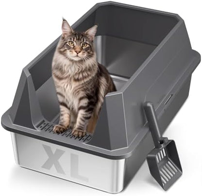 Stainless Steel Litter Box with High Sides, XL High Sided Cat Litter Pan, Open Top Extra Large Metal Cat Litter Box, Non-Stick, Odor Free, Leakproof, Scoop Included, Gray XML3-Light Gray-BT-03 by Tevila