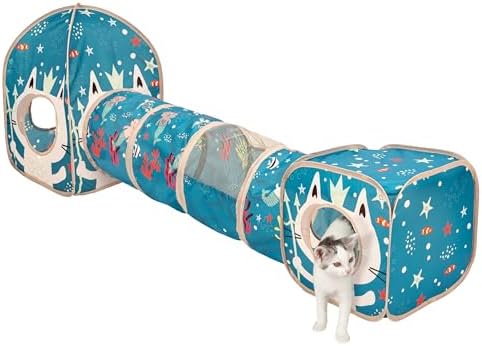 Kitty City Ocean-Themed Cat Play Furniture Set, Collapsible Pop-Up Cat Toys Combo with Cube, Tunnel & House, Indoor Kitty Playground for Play, Hiding & Lounging by KittyCity