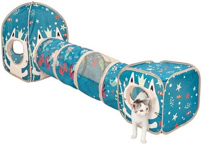 Kitty City Ocean-Themed Cat Play Furniture Set, Collapsible Pop-Up Cat Toys Combo with Cube, Tunnel & House, Indoor Kitty Playground for Play, Hiding & Lounging by KittyCity