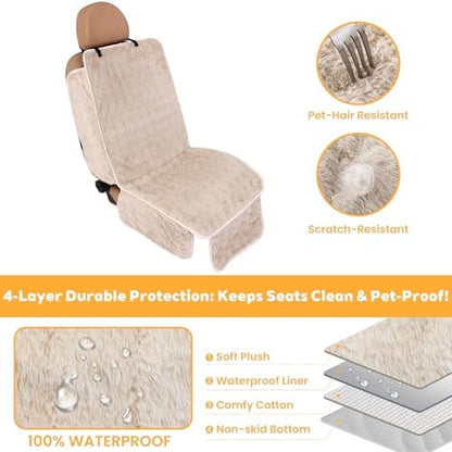 Dog Car Seat Cover, Waterproof Plush Pet Seat Protector, Beige, Front Seat - Image 3