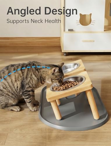 NiHome Elevated Cat Bowls with Mat, Adjustable Bamboo Stand, 2 Steel Bowls - Image 3