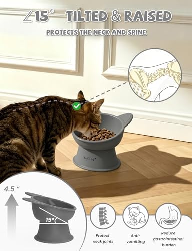 YINEYA Cat Bowls, Cat Food Bowl Elevated to Protect Neck & Anti-Vomit, Whisker-Friendly Raised Food & Water Bowls for Indoor Cats/Small Dogs, Cute Pet Feeding Bowl 6 OZ Each, Dishwasher Safe, Gray - Image 2