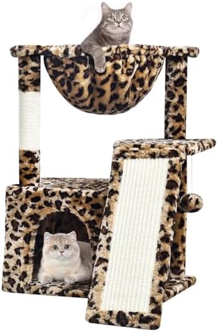 SYANDLVY Leopard Print Cat Tree for Indoor Cats, Small Cat Tower with Scratching Post & Board, Modern Activity House Condo with Cradle, Hanging Ball for Play, Kittens Cave by SYANDLVY