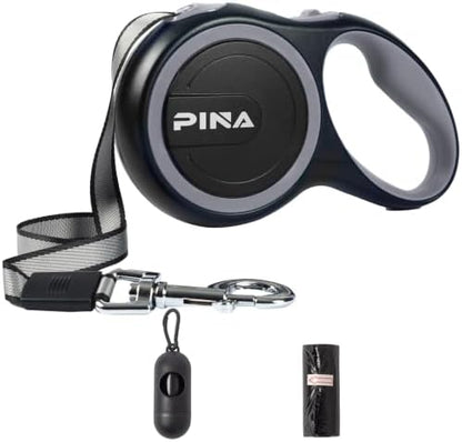 PINA Retractable Dog Leash, 26ft Dog Leash for Small Medium Large Dogs Up to 110lbs, 360° Tangle-Free Strong Reflective Nylon Tape, with Anti-Slip Handle, One-Handed Brake, Lock - Black Gray by PINA