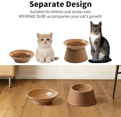 MS!MAKE SURE Cat Food Bowls Elevated - Ceramic Cat Water Bowls Whisker Friendly with Stand Tilted Non Slip Flat Detachable Anti Vomiting for Indoor Cats Milk Tea - Image 5