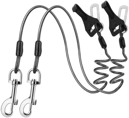 Dog Seat Belt for Car, Chew Proof Dog Leash 2 in 1 Steel Cable with Elastic Bungee Buffer Doggie Seatbelt Harness Latch Bar Attachment Heavy Duty Seat Belt for Dogs in Car for Medium Large by CHZUOBER