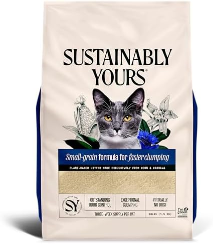 Sustainably Yours Natural Cat Litter, Small-Grain Formula, Exceptional Clumping & Odor Control, Virtually No Dust, Soft on Paws, Corn & Cassava Plant-Based, Unscented, 10 lbs by SustainablyYours
