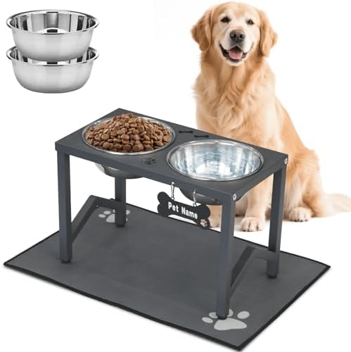 Elevated Dog Bowls, Metal Raised Dog Bowl Stand with 2 Thick 58oz Stainless Steel Food Bowls & Non-Slip Mat - 11.8" Tall for Medium/Large Breeds(Grey) by FLODOMIXHOME