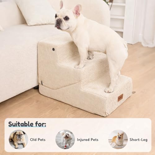 3-Step Dog Stair and Ramp for Small Dogs and Cats, Pet Steps for Sofa and Couch with Non-Slip Bottom, Beige - Image 3