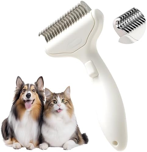 Dematting Comb and Deshedding Brush for Double-Coated Dogs and Cats,Undercoat Rake Pet Brush for long haired and Matted Fur Pets,Grooming Tool for Kitten, Puppy and Rabbit (White) by Unknown