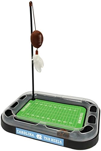 Pets First NCAA NORTH CAROLINA TAR HEELS FOOTBALL FIELD CAT SCRATCHER TOY with CATNIP Filled Plush FOOTBALL Toy & Feather Cat Toy hanging with Jingle Bell INTERACTIVE BALL Cat Chasing 6-in-1 KITTY Toy by PETSFIRST