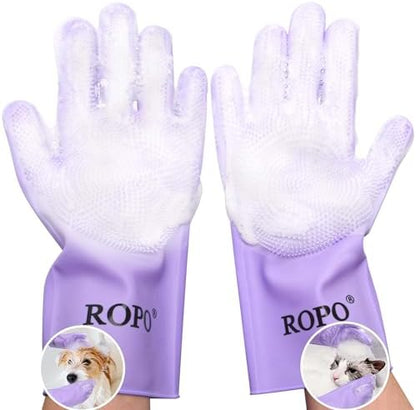 ROPO silicone gloves for pet grooming, multi-functional gloves for pet hair shedding, bathing, and massage (Purple) by Petsupplies