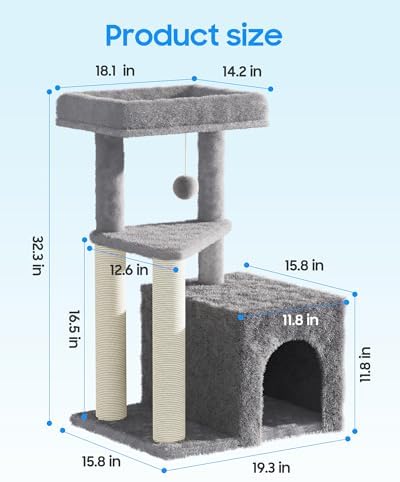 Cat Tree Tower for Indoor Cats, 33 Inches Multi-Level Cat Condo with Scratching Posts, Large Perch, Hanging Toy for Large Adult Cats, Gray - Image 6
