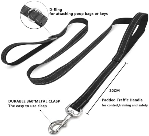 6 FT Black Nylon Reflective Dog Leash for Large Dogs with 2 Padded Handle - Image 3