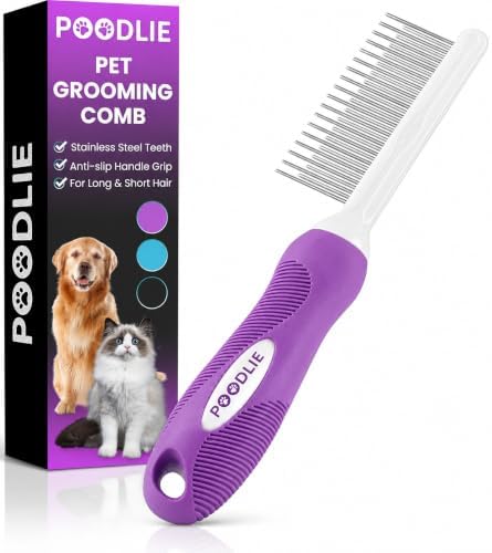 Poodle Pet Detangling Pet Comb with Long & Short Stainless Steel Teeth for Removing Matted Fur, Knots & Tangles – Detangler Tool Accessories for Safe & Gentle DIY Dog & Cat Grooming by Poodlie