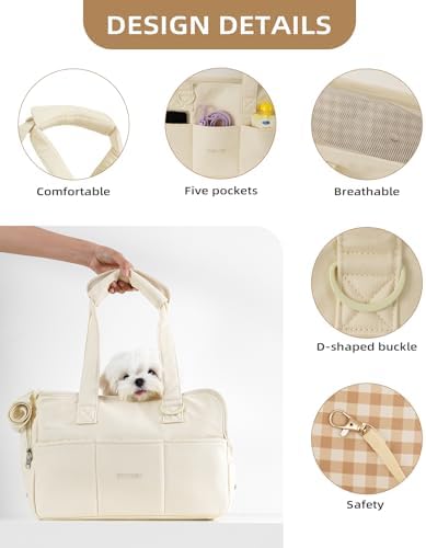 ONECUTE Dog Carrier for Small Dogs Rabbit cat with Large Pockets, Cotton Bag, Dog Carrier Soft Sided, Collapsible Travel Puppy Carrier (Beige, 17" L x 7.5" W x 12" H) - Image 5