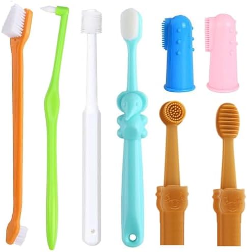 8 Pack Small Dog & Cat Toothbrush Kit, 360º Pet Toothbrush/Mini Head/Dual Head / 10000 Ultra-Soft Bristles Tooth Brush/Finger Toothbrushs for Cat Kitten Doggie Dental Care, Oral Hygiene by Qubccum