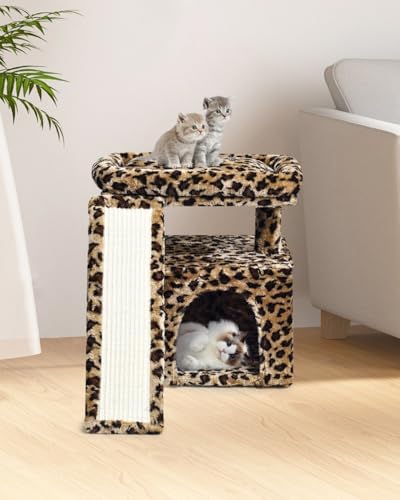 Small Leopard Print Cat Tree for Indoor Cats | Short Tower with Scratching Post, Ramp Pad, Condo with Perch Bed, Kittens Play House, Hanging Plush Ball & Cave for Resting (Leopard Print) - Image 5