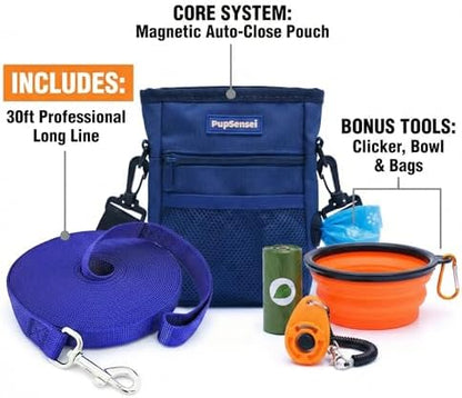 Dog Training Kit & Puppy Starter Set with 30ft Long Leash – Complete Recall System w/Magnetic Treat Pouch, Clicker, Collapsible Bowl & Waste Bags – Professional Tools (Navy Blue) - Image 3