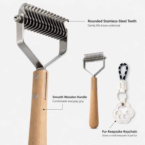 2-in-1 Undercoat Rake & Dematting Tool for Dogs & Cats - Professional Deshedding Brush with Wood Handle - Stainless Steel Grooming Rake for Long Haired Pets - With Paw Print Hair Keepsake Keychain - Image 4