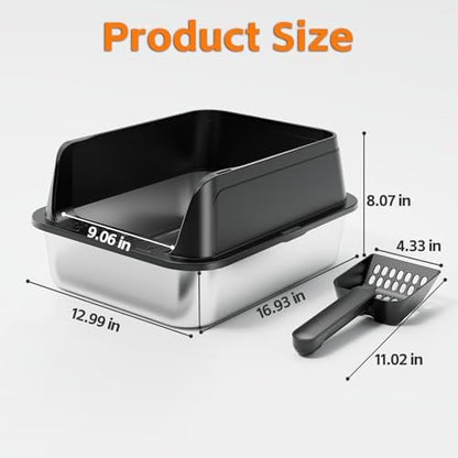 Premium Stainless Steel Cat Litter Box with Scoop – Large High-Sided Open Top Litter Pan, Rust-Resistant & Metal Kitty Litter Tray, Non-Stick Easy Clean Surface with Non-Slip Pads - Image 2