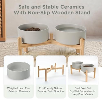 SPUNKYJUNKY Elevated Dog Bowls Ceramic, 7.3'' Dogs Food Water Bowls Raised with Non-Slip Bamboo Stand for Medium to Large Sized Breed Microwave Dishwasher Safe - 42 OZ,Grey - Image 6