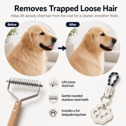 2-in-1 Undercoat Rake & Dematting Tool for Dogs & Cats - Professional Deshedding Brush with Wood Handle - Stainless Steel Grooming Rake for Long Haired Pets - With Paw Print Hair Keepsake Keychain - Image 7