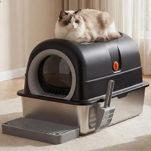 OLIXIS Stainless Steel Enclosed Litter Box with Lid, High Sided by OLIXIS