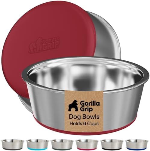 GORILLA GRIP Dog Bowls, Food Grade Stainless Steel, Set of 2, 6 Cup, Red by GorillaGrip