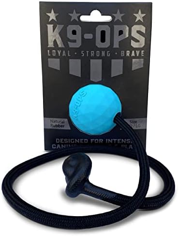K9 Ops Dog Ball on a Rope Moki Tug Toy - Solid Rubber Fetch Training Reward - Large Dogs Durable Indestructible Chewers Pitbull Dobermann Rottweiler Shepherd (Lagoon Blue - Black Rope) by K9+Ops