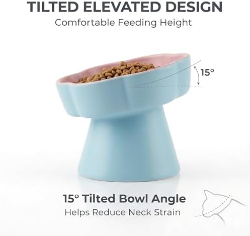 Elevated Ceramic Slow Feeder Cat Bowl, 15° Tilted Feeding Dish Helps Reduce Fast Eating and Vomiting, Whisker-Friendly Heavy Smooth Matte Ceramic, Dishwasher Safe (Blue/Pink) - Image 3
