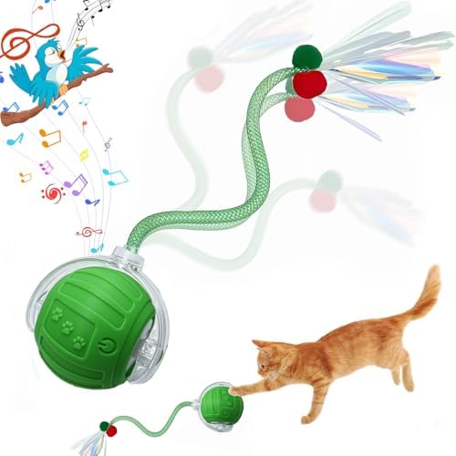 Interactive Cat Toys Ball for Indoor Cats, Automatic Self-Rolling, Motion-Activated, Bird Chirping Cats Dogs Ball Toy with Elastic Mesh Tail, Cat Enrichment Toys for Indoor Cats (Green) by Unknown