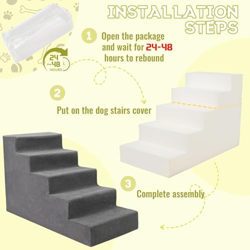 Niubya Dog Stairs for Small Dog and Cats,23”H Non-Slip Bottom Pet Steps for High Beds and Couch,Extra Wide High-Density Foam Pet Stairs Grey,5 Steps - Image 3