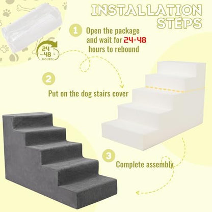 Niubya Dog Stairs for Small Dog and Cats,23”H Non-Slip Bottom Pet Steps for High Beds and Couch,Extra Wide High-Density Foam Pet Stairs Grey,5 Steps - Image 3