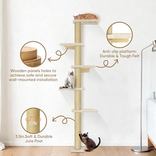 PAWSCRAT 5-Tier Wall-Mounted Cat Tree, 80-Inch Sisal Post, Beige - Image 3
