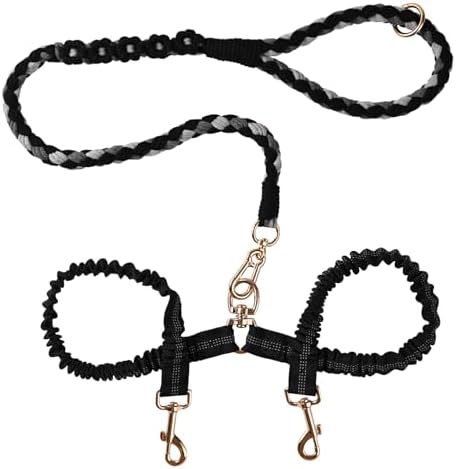 Double Dog Leash – Tangle-Free Dual Leash with 360° Swivel, Shock Absorbing Bungee, Reflective Stitching & Hand-Braided Main Rope (Supports Up to 440 lbs, Black) by Panda+Jianghu