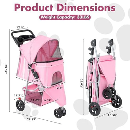 3 Wheels Pet Stroller,Storage Basket and Cup Holder, Breathable Mesh, Waterproof and Foldable for Small/Medium Dogs and Cats Strollers, Lightweight Travel Carrier for Daily Walks & Outdoor，Pink - Image 6