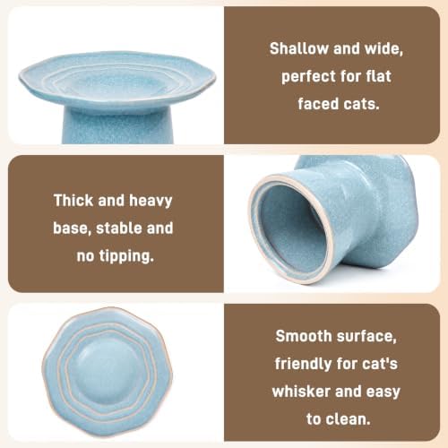 Shallow Wide 6" Elevated Cat Bowls Ceramic Raised Cat Food Dish, Anti Vomiting, Protect Cat's Spine, Pale Turquoise - Image 3