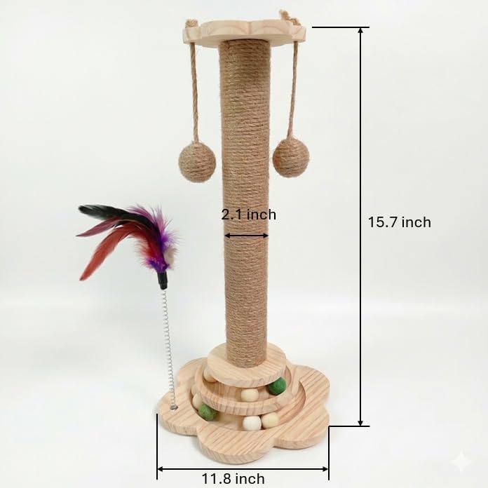 Cat Scratching Post 15" with Sisal Rope, Ball Track Base & Dangling Toys - Image 2