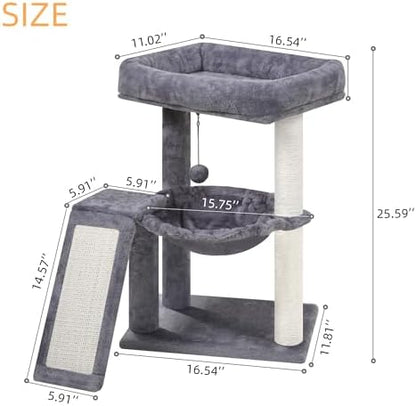 YOUPET Cat Tree with Cat Scratching Post for Indoor Cats, Cat Tower with Scratching Board and Playful Toy Balls, Cat Tree Tower with Cozy Hammock,Grey - Image 2