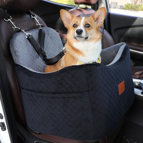 Dog Car Seat for Small Medium Dogs-Safety and Comfy Pet Booster Carseats with 2 Clip-On Satebelt & Storage Pockets,Washable and Detachable Puppy Car Seat for Dogs up to 30 lbs.(H-Black/Grey) by VERGODPRODogCarSeatBed