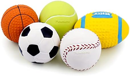 Squeaky Dog Ball, Soft Latex Rubber Squeaky Dog Toys for Small Dogs Puppies, Cute Squeak Toys Play Ball - Tennis, Soccer, Football, Basketball and Baseball by Pawdoer