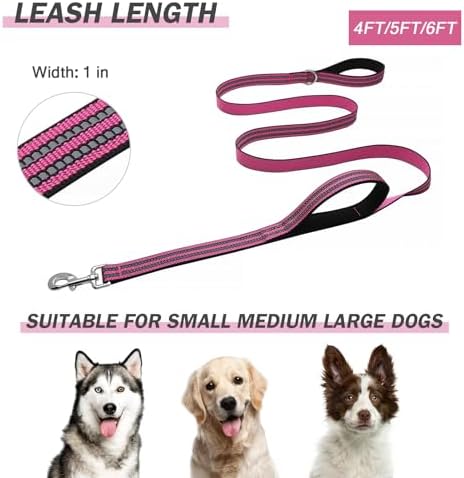 Hikiko 5FT Dog Leash with 2 Padded Handles Reflective,Pink - Image 6
