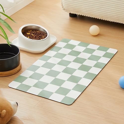 Checkered Dog Feeding Mat, Absorbent Mats for Dog Food and Water Bowl, Dispenser, Retro Modern Aesthetic Sage Green Checkerboard Pet Placemat for Dogs, Cats, Puppy Accessories, 12" X19” by Ralxion