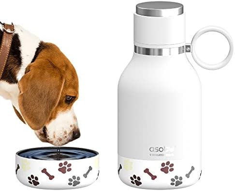 asobu Buddy Bottle, a Stainless Steel Insulated Water Bottle with Removable Dog Water Bowl and Dog Food and Treat Storage plate (White, 37 oz Water Bottle with 2 Bowls) by Asobu
